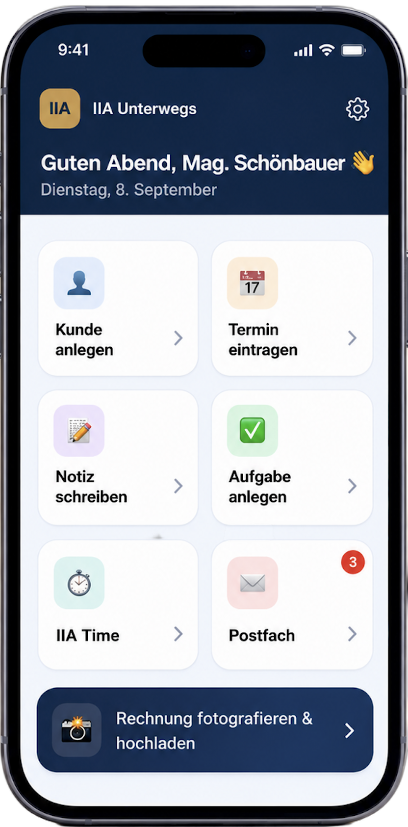 Mobile Ansicht von IIA ToGo auf dem iPhone: Kunde anlegen, Termin eintragen, Notiz schreiben, Aufgabe anlegen, IIA Time und Postfach als Kacheln.